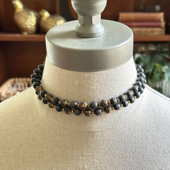 Vintage Boho Choker, Double Strand Black Beads, Brass Filigree, 1960s Tribal - Picture 2 of 8